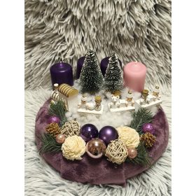   Plüss anyagú adventi koszorú 25cm vonatos lila-rózsaszín