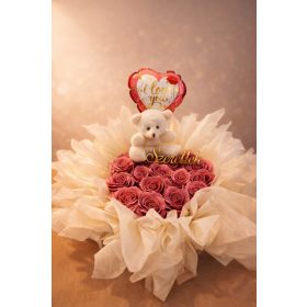   Rózsabox – Szívből szeretlek maci élő rózsával (rózsaszín)