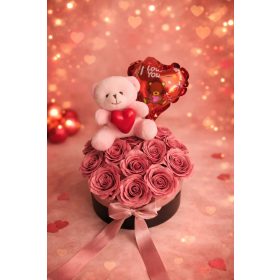 Rózsabox – Pink Love maci élő rózsával